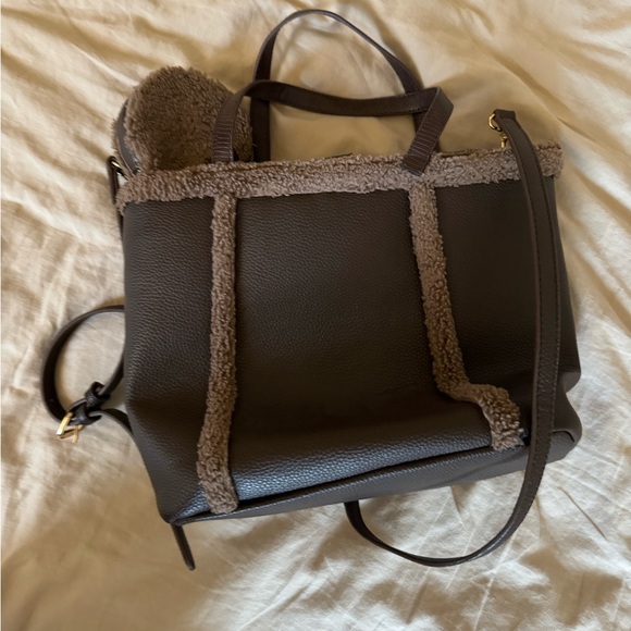 Anne Klein Women Expresso Faux Pebble Leather Fur Trimmed Satchel Purse Tote - Picture 3 of 3